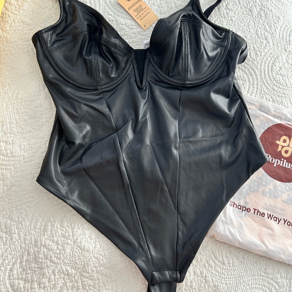 Popilush faux leather bodysuit. Brand new with tags and packaging.